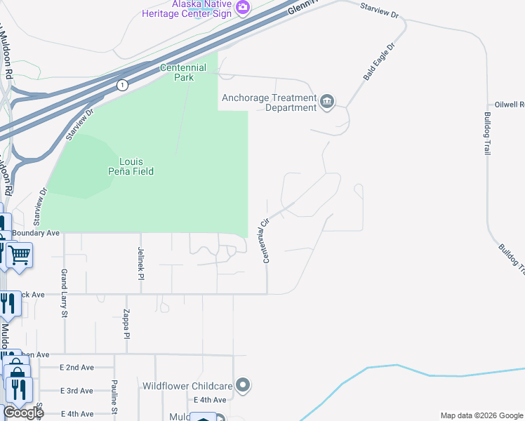map of restaurants, bars, coffee shops, grocery stores, and more near 8860 Centennial Circle in Anchorage