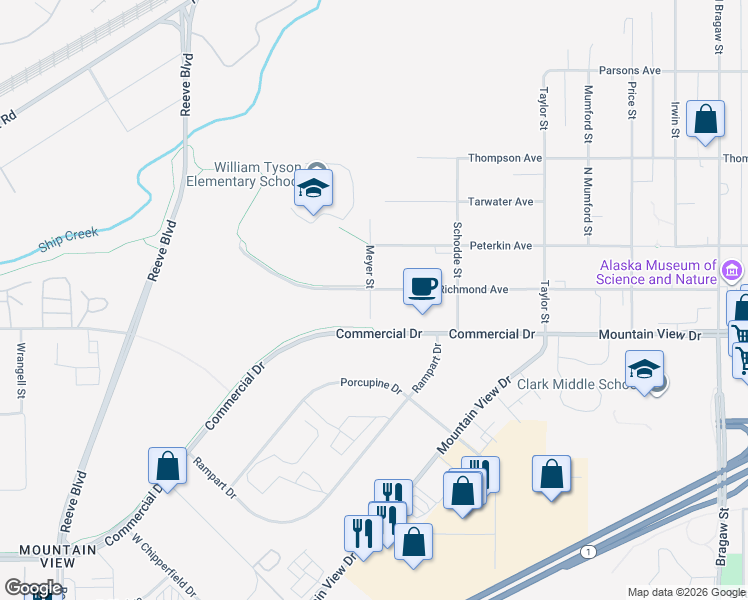 map of restaurants, bars, coffee shops, grocery stores, and more near 221 Meyer Street in Anchorage