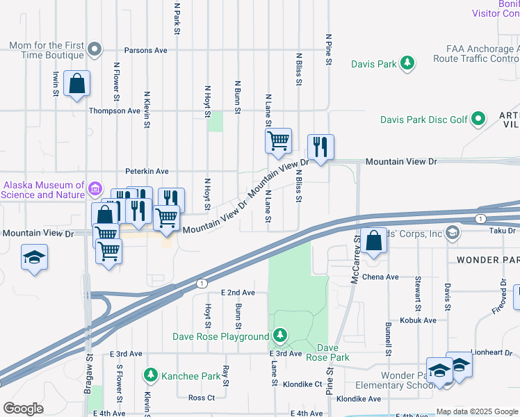 map of restaurants, bars, coffee shops, grocery stores, and more near 4426 Mountain View Drive in Anchorage