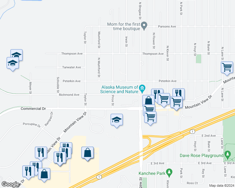 map of restaurants, bars, coffee shops, grocery stores, and more near 3726 Peterkin Avenue in Anchorage