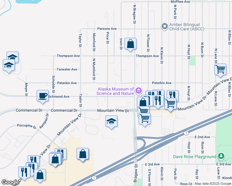 map of restaurants, bars, coffee shops, grocery stores, and more near 3726 Peterkin Avenue in Anchorage