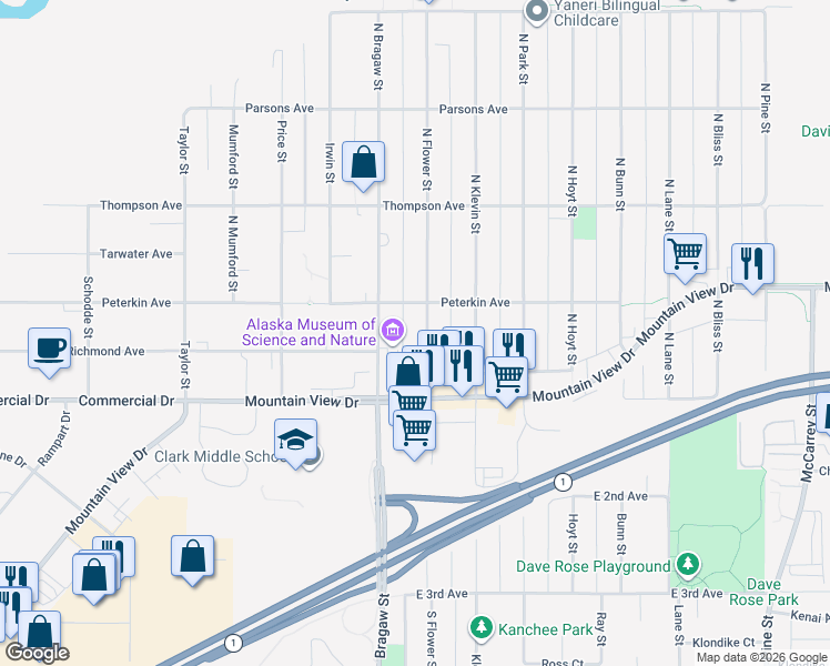 map of restaurants, bars, coffee shops, grocery stores, and more near 216 North Flower Street in Anchorage