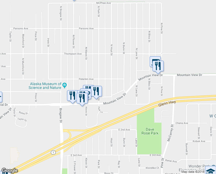map of restaurants, bars, coffee shops, grocery stores, and more near 218 North Hoyt Street in Anchorage