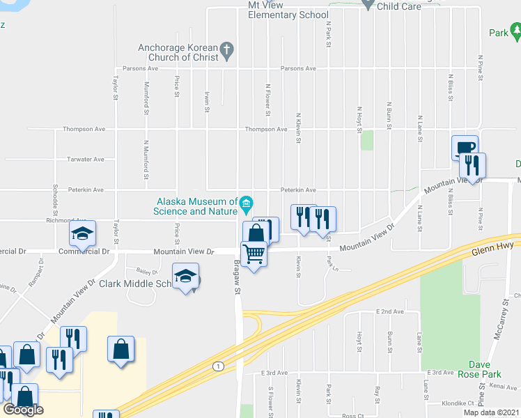 map of restaurants, bars, coffee shops, grocery stores, and more near 229 North Flower Street in Anchorage
