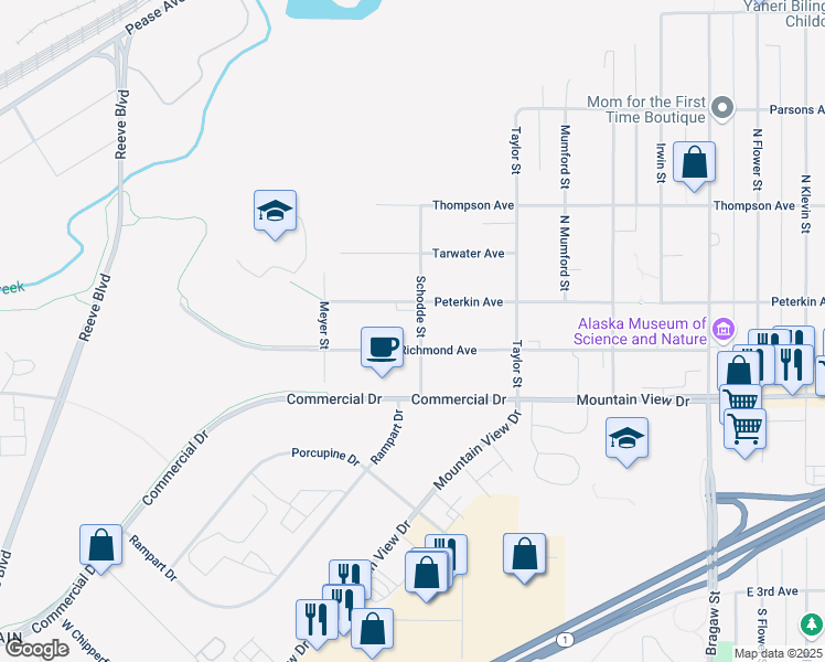 map of restaurants, bars, coffee shops, grocery stores, and more near 206 Schodde St in Anchorage