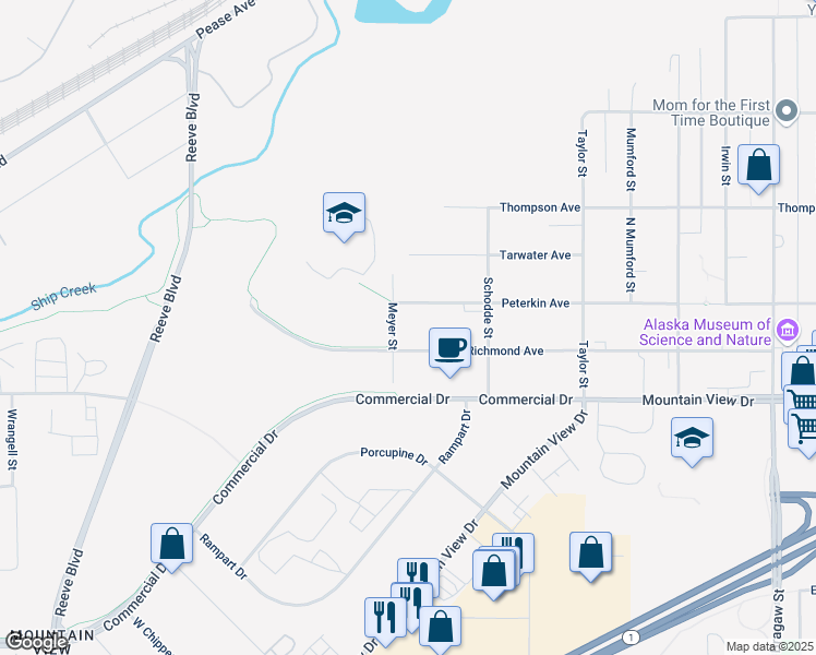 map of restaurants, bars, coffee shops, grocery stores, and more near 221 Meyer Street in Anchorage