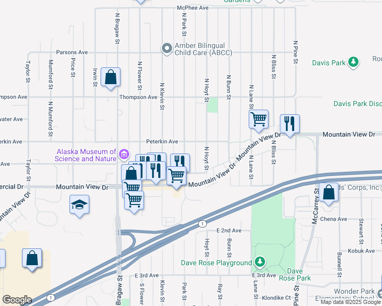 map of restaurants, bars, coffee shops, grocery stores, and more near 225 North Park Street in Anchorage