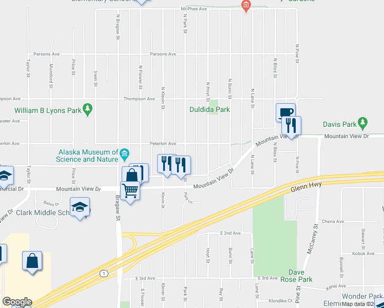 map of restaurants, bars, coffee shops, grocery stores, and more near 225 North Park Street in Anchorage