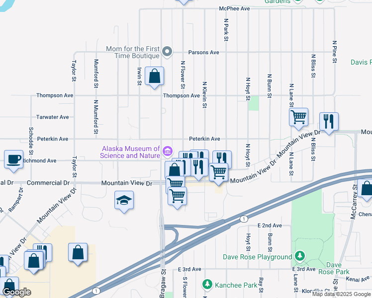 map of restaurants, bars, coffee shops, grocery stores, and more near 229 North Flower Street in Anchorage