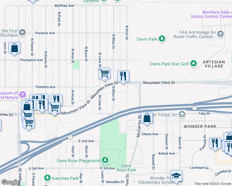 map of restaurants, bars, coffee shops, grocery stores, and more near 227 North Bliss Street in Anchorage