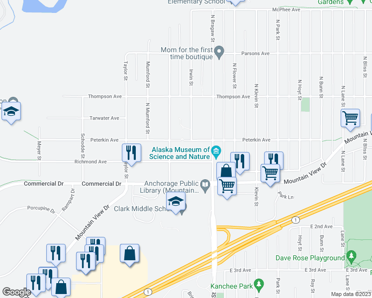 map of restaurants, bars, coffee shops, grocery stores, and more near 3726 Peterkin Avenue in Anchorage
