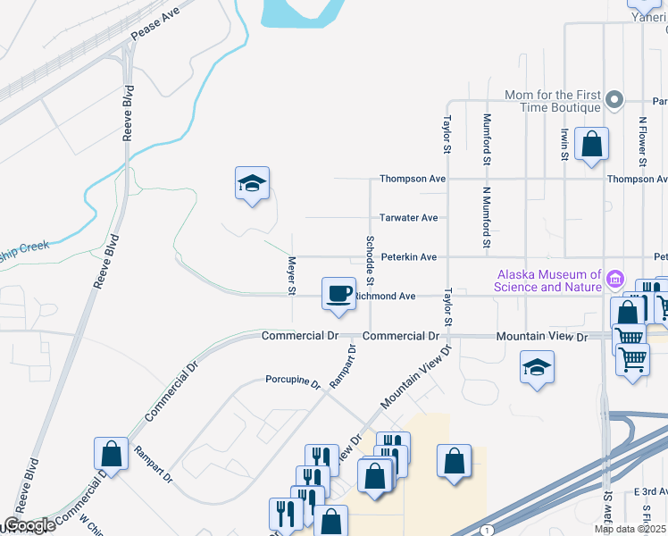 map of restaurants, bars, coffee shops, grocery stores, and more near 3202 Peterkin Avenue in Anchorage