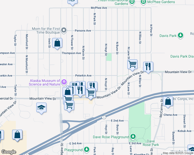 map of restaurants, bars, coffee shops, grocery stores, and more near 225 North Park Street in Anchorage
