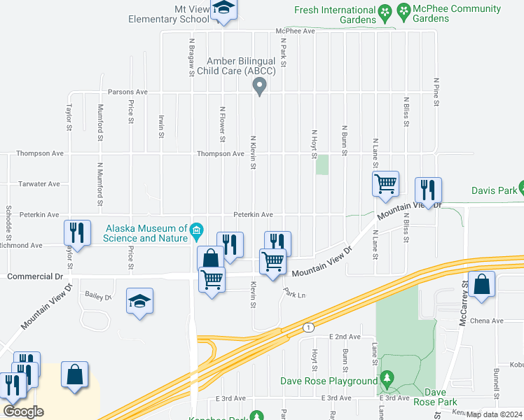 map of restaurants, bars, coffee shops, grocery stores, and more near 218 North Park Street in Anchorage