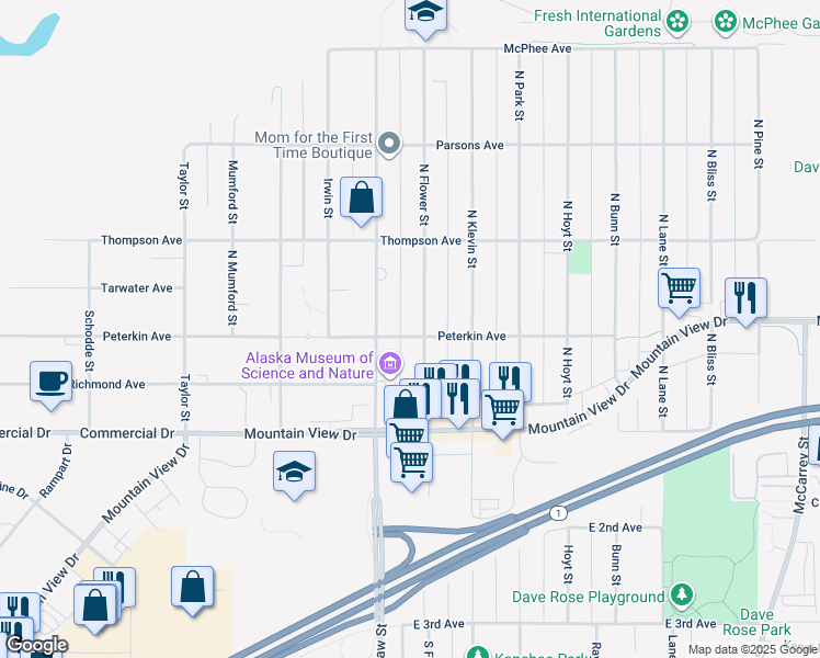 map of restaurants, bars, coffee shops, grocery stores, and more near 229 North Flower Street in Anchorage