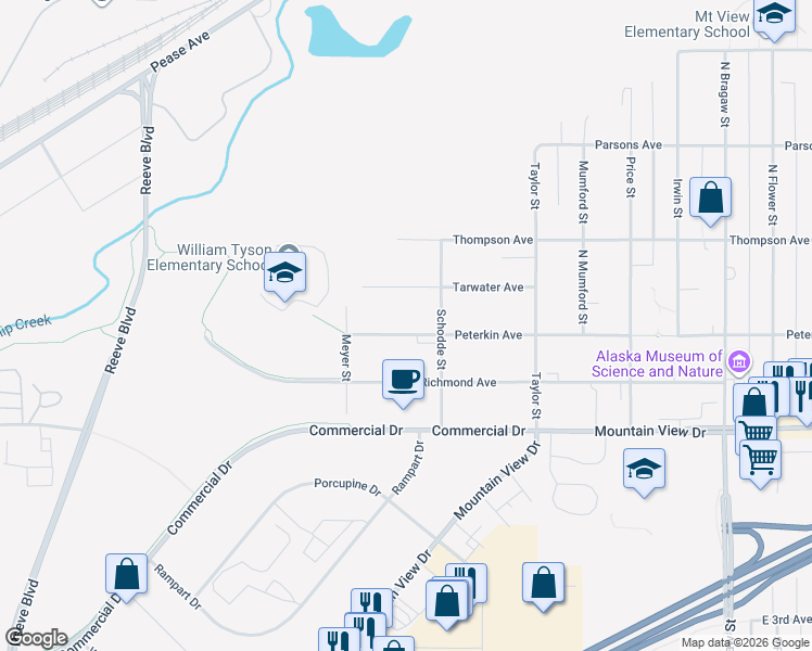 map of restaurants, bars, coffee shops, grocery stores, and more near 3209 Peterkin Avenue in Anchorage