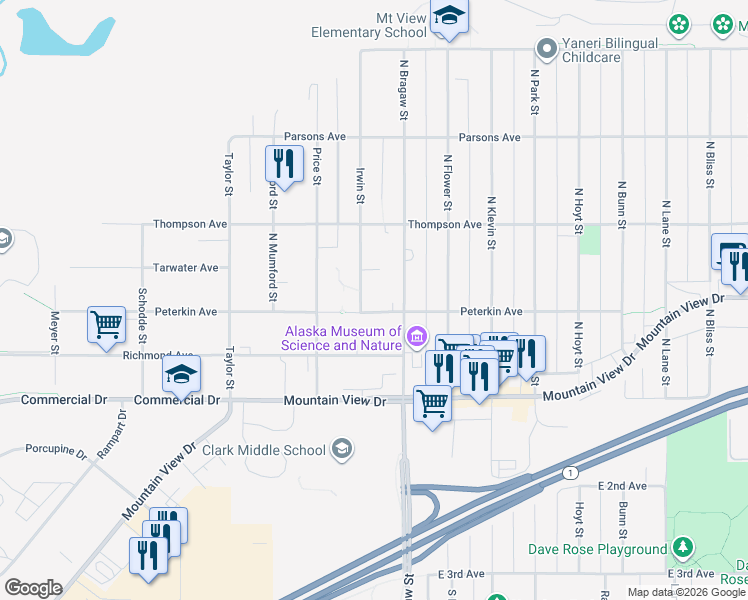 map of restaurants, bars, coffee shops, grocery stores, and more near 3816 Peterkin Avenue in Anchorage