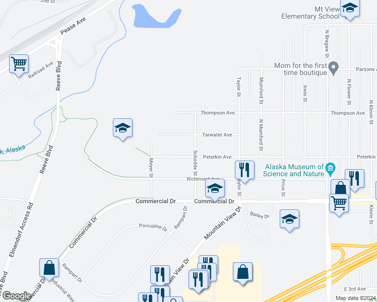 map of restaurants, bars, coffee shops, grocery stores, and more near 206 Schodde Street in Anchorage