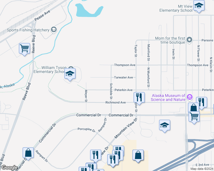 map of restaurants, bars, coffee shops, grocery stores, and more near 3233 Peterkin Avenue in Anchorage