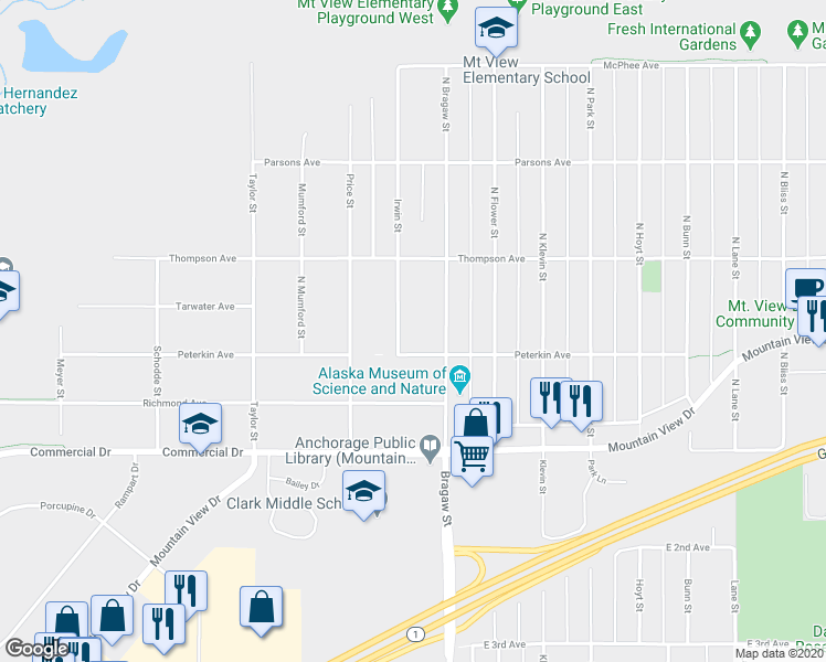 map of restaurants, bars, coffee shops, grocery stores, and more near 403 Irwin Street in Anchorage