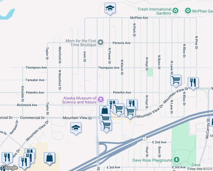 map of restaurants, bars, coffee shops, grocery stores, and more near 322 North Flower Street in Anchorage