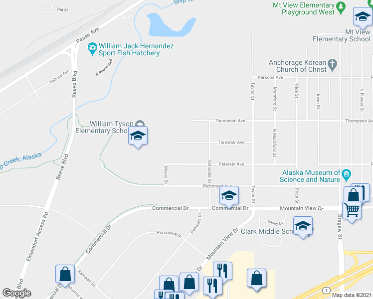 map of restaurants, bars, coffee shops, grocery stores, and more near 3162 Tarwater Avenue in Anchorage