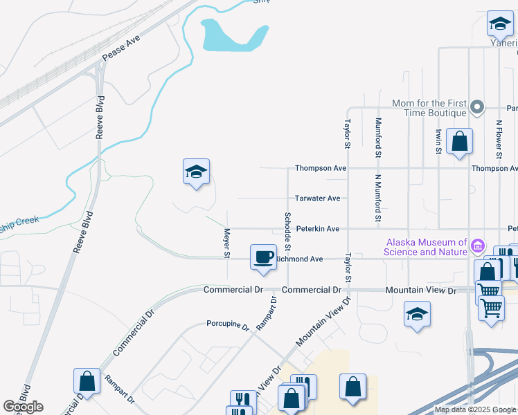 map of restaurants, bars, coffee shops, grocery stores, and more near 3201 Tarwater Avenue in Anchorage