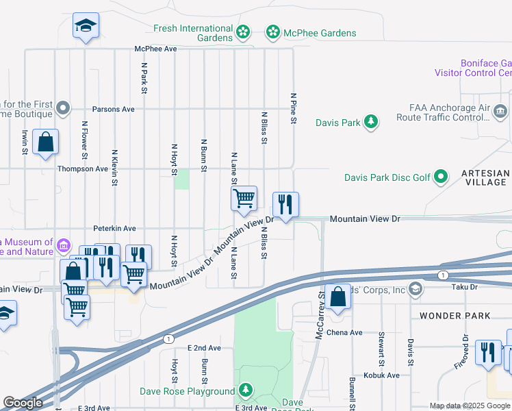 map of restaurants, bars, coffee shops, grocery stores, and more near 330 North Bliss Street in Anchorage