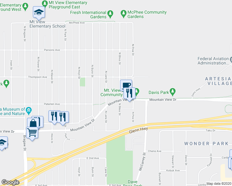 map of restaurants, bars, coffee shops, grocery stores, and more near 410 North Bliss Street in Anchorage