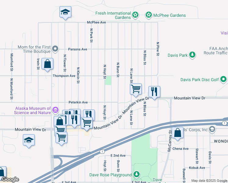 map of restaurants, bars, coffee shops, grocery stores, and more near 405 North Bunn Street in Anchorage