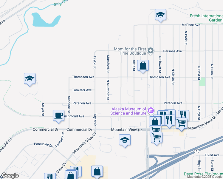 map of restaurants, bars, coffee shops, grocery stores, and more near 401 North Mumford Street in Anchorage