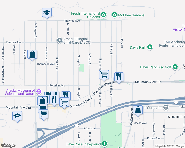 map of restaurants, bars, coffee shops, grocery stores, and more near 405 North Bunn Street in Anchorage