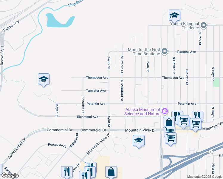 map of restaurants, bars, coffee shops, grocery stores, and more near 401 Taylor Street in Anchorage
