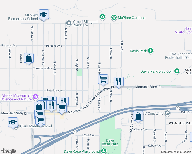 map of restaurants, bars, coffee shops, grocery stores, and more near 408 North Lane Street in Anchorage