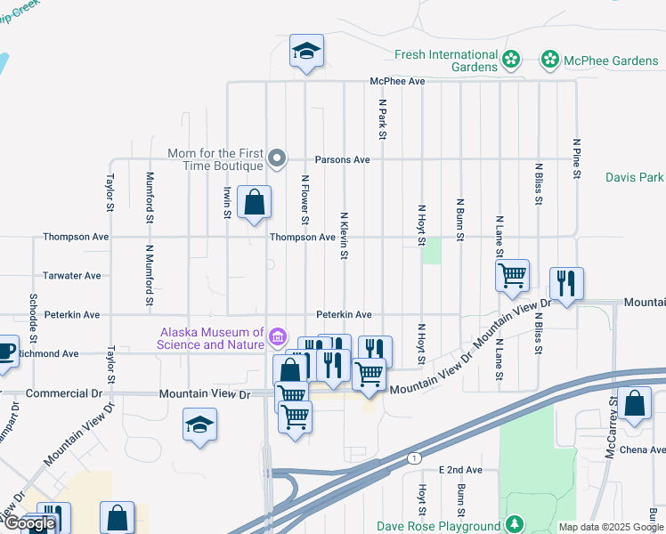 map of restaurants, bars, coffee shops, grocery stores, and more near 408 North Klevin Street in Anchorage