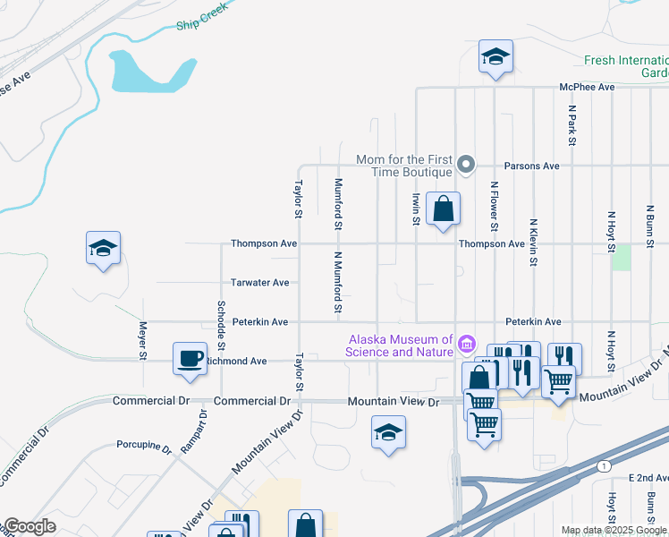 map of restaurants, bars, coffee shops, grocery stores, and more near 401 North Mumford Street in Anchorage