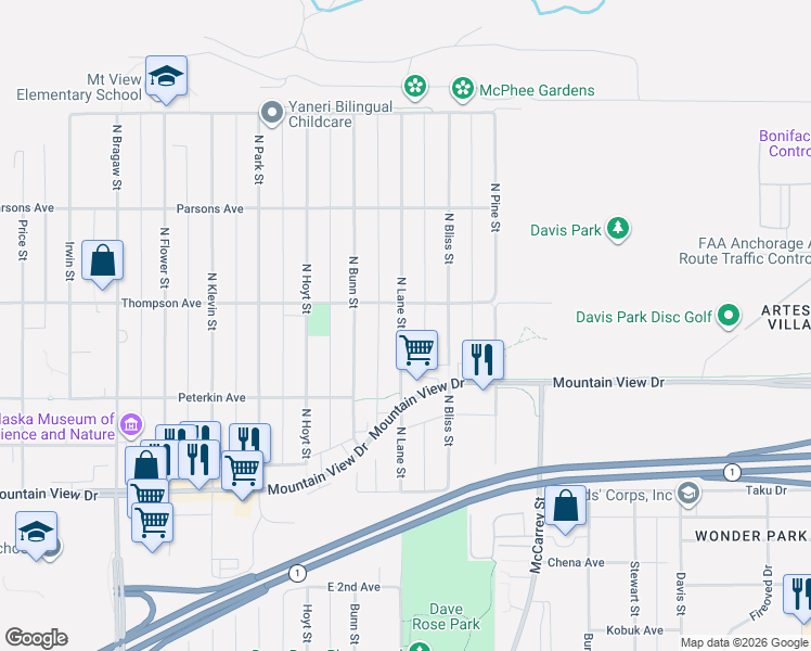 map of restaurants, bars, coffee shops, grocery stores, and more near 408 North Lane Street in Anchorage