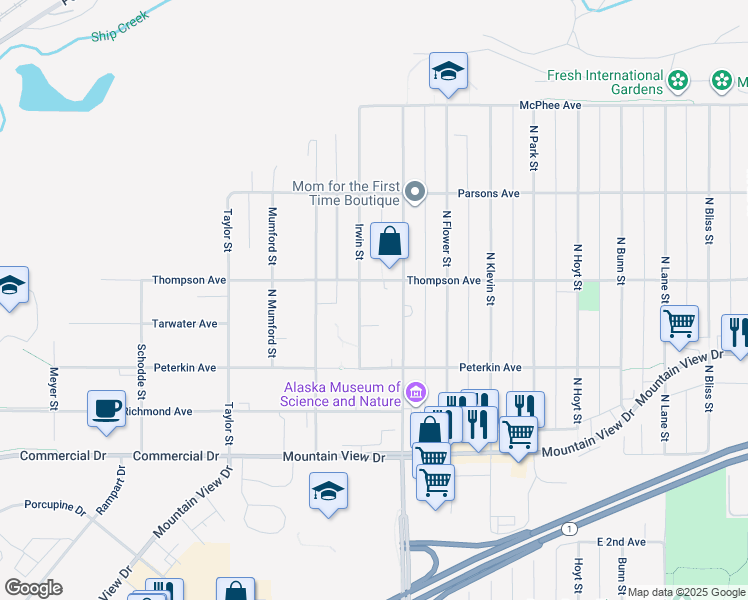 map of restaurants, bars, coffee shops, grocery stores, and more near 425 Irwin Street in Anchorage