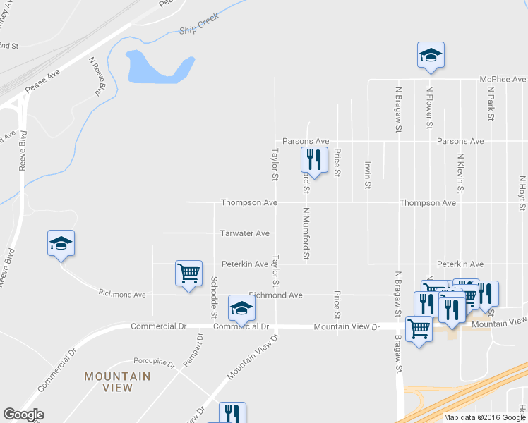 map of restaurants, bars, coffee shops, grocery stores, and more near 3417 Tarwater Avenue in Anchorage