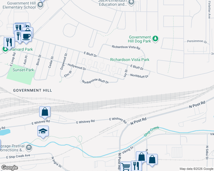map of restaurants, bars, coffee shops, grocery stores, and more near 1100 Hollywood Drive in Anchorage
