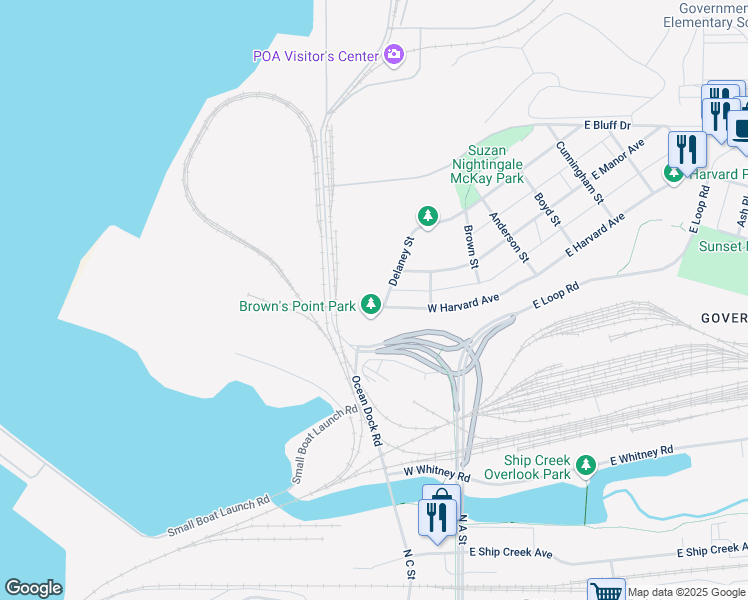 map of restaurants, bars, coffee shops, grocery stores, and more near 800 Delaney Street in Anchorage
