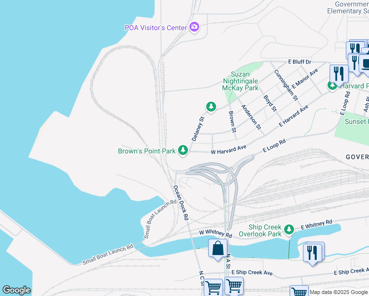 map of restaurants, bars, coffee shops, grocery stores, and more near 800 Delaney Street in Anchorage