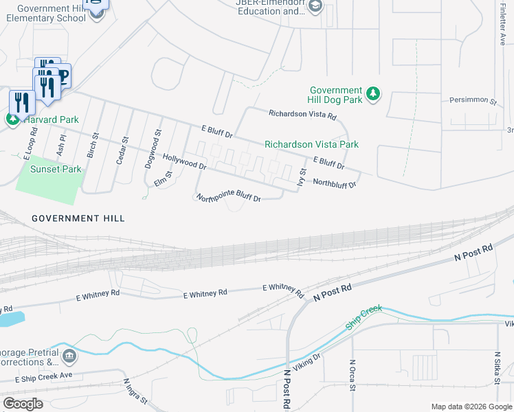 map of restaurants, bars, coffee shops, grocery stores, and more near 1100 Hollywood Drive in Anchorage
