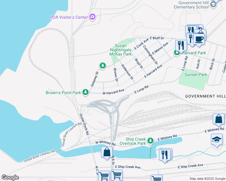 map of restaurants, bars, coffee shops, grocery stores, and more near 223 West Harvard Avenue in Anchorage
