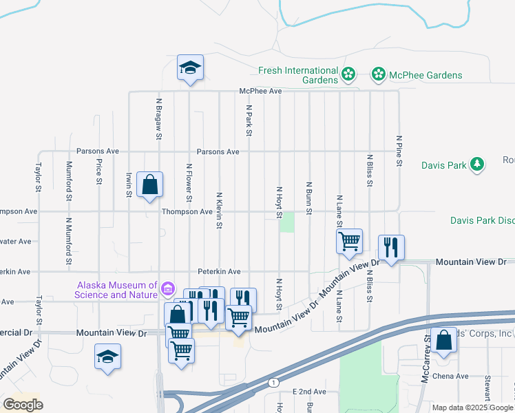 map of restaurants, bars, coffee shops, grocery stores, and more near 501 North Park Street in Anchorage