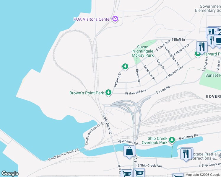 map of restaurants, bars, coffee shops, grocery stores, and more near 824 Delaney Street in Anchorage