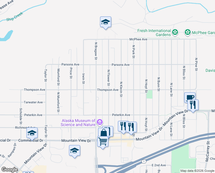 map of restaurants, bars, coffee shops, grocery stores, and more near 532 North Flower Street in Anchorage