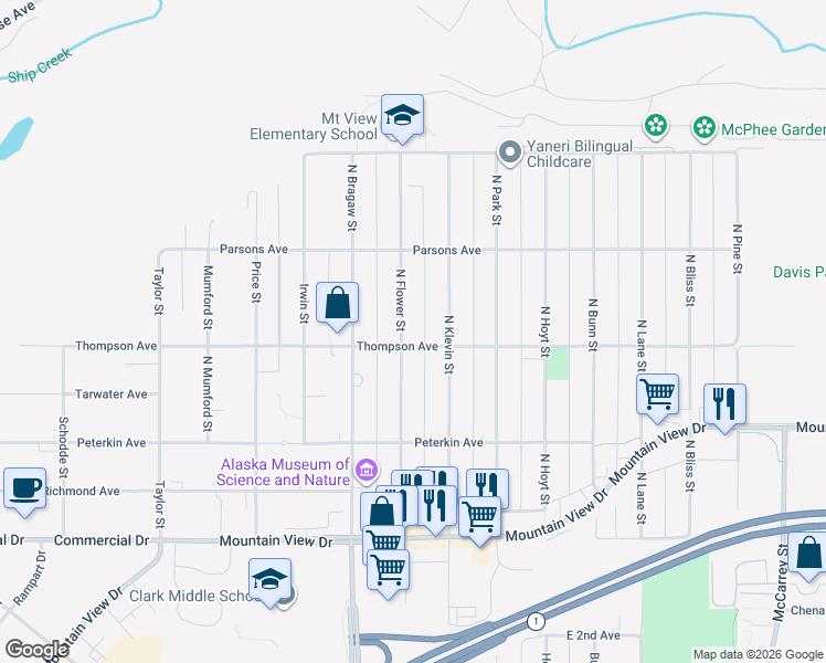 map of restaurants, bars, coffee shops, grocery stores, and more near 532 North Flower Street in Anchorage