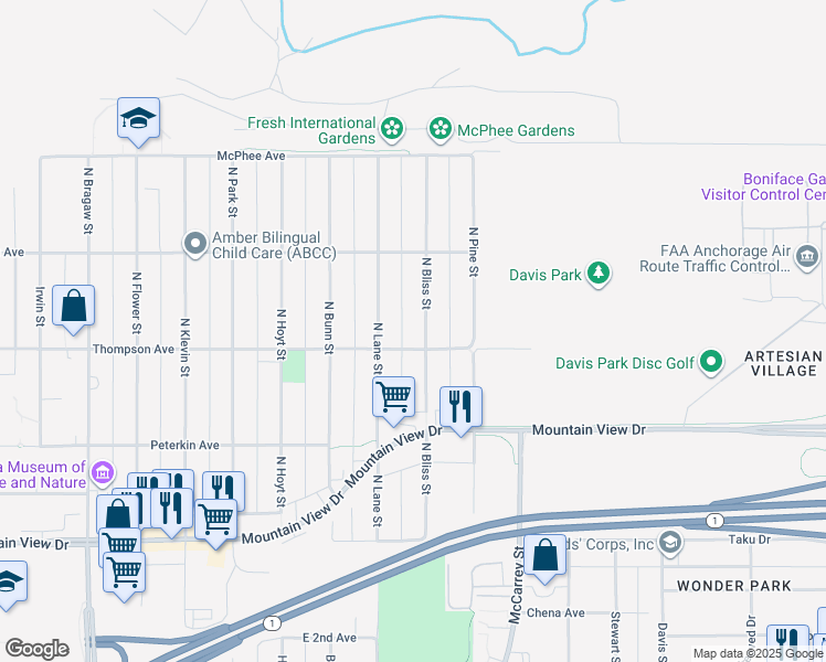 map of restaurants, bars, coffee shops, grocery stores, and more near 534 North Bliss Street in Anchorage