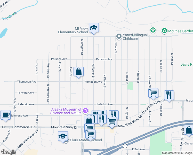 map of restaurants, bars, coffee shops, grocery stores, and more near 532 North Flower Street in Anchorage